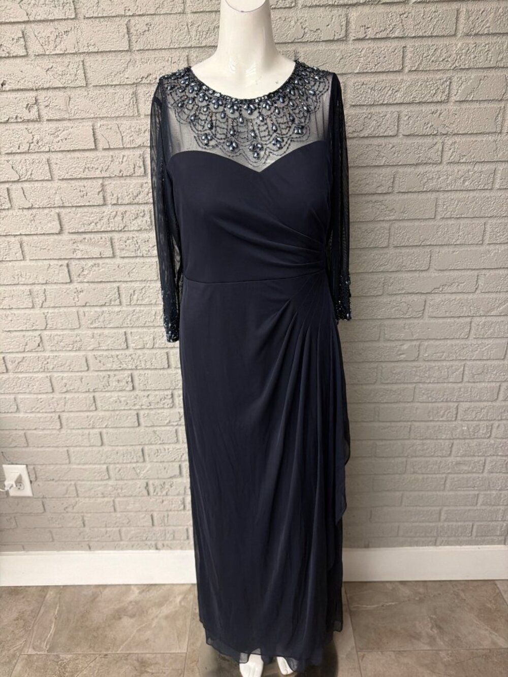 Alex Evening Illusion Beaded Navy Ruched Dress Size 12P - Picture 3 of 12